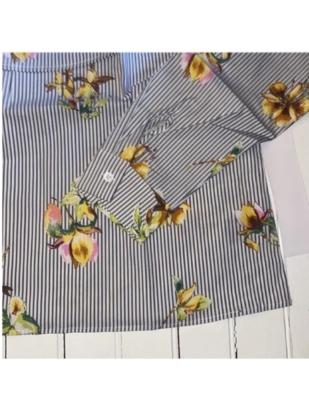 Lumiere Urban Outfitters Top Blue White Stripes Yellow Floral Size S